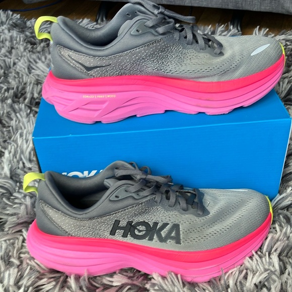 Hoka Bondi 8 Gray and Pink Sneakers with Signature Cushioning - Picture 9 of 14